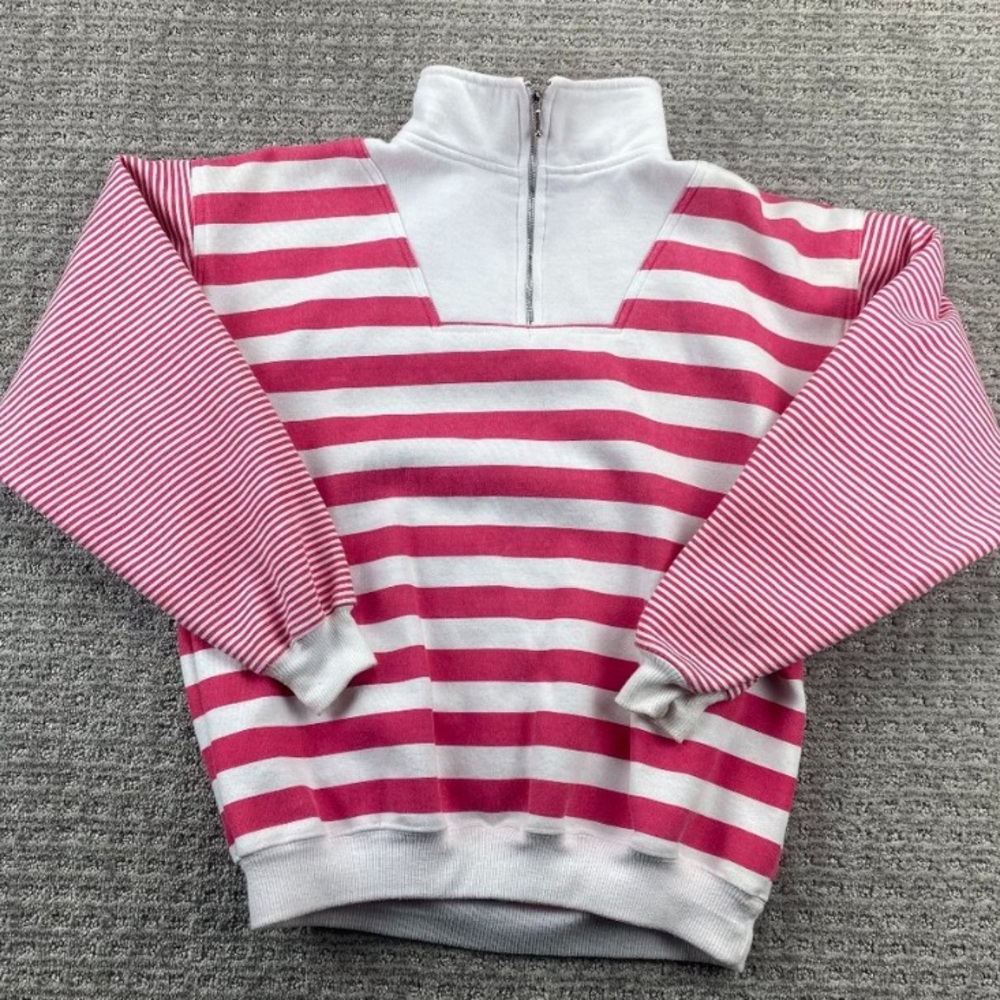 Vintage 80s Sweater Women Medium White Pink Striped 1/4 Zip Mock Northern Spirit